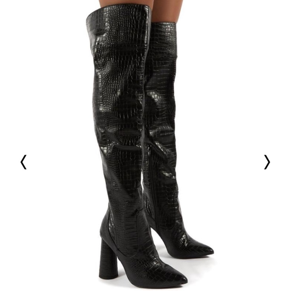 Hometown Black Croc Over Knee Heeled Boots Size 8
